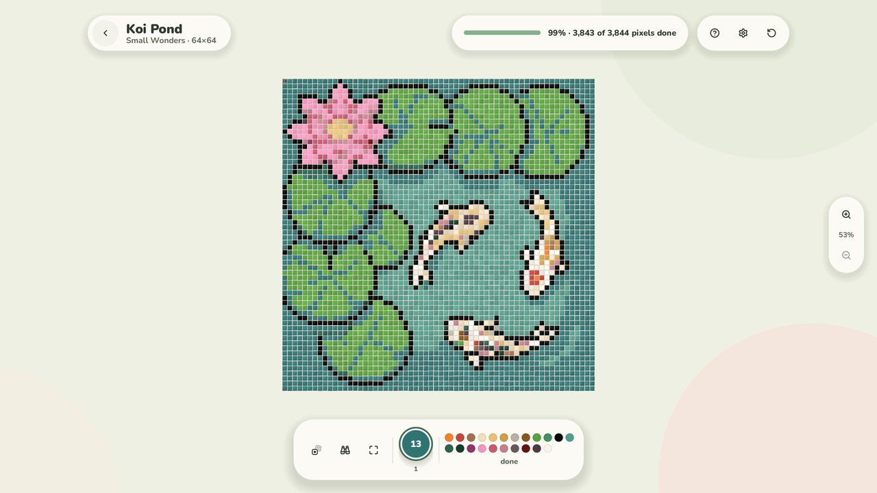 A koi pond painted as a mosaic of small tiles